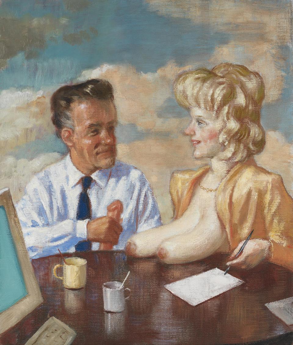 A man clutches a beautifully rendered penis in the presence of a woman’s bazongas. Office Workers, 2010. Oil on canvas.