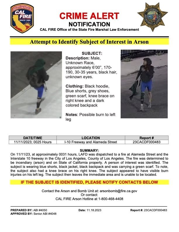 This crime alert released Saturday, Nov. 18, 2023 by Cal Fire Office of the State Fire Marshall Law Enforcement shows a “person of interest” in the Los Angeles freeway arson fire last week that closed the roadway for days, snarling traffic as crews to work around the clock to fix it. All lanes of Interstate 10 near downtown are expected to reopen by Tuesday, Nov. 21, far ahead of the initial three-to-five week schedule. (CalFire via AP)