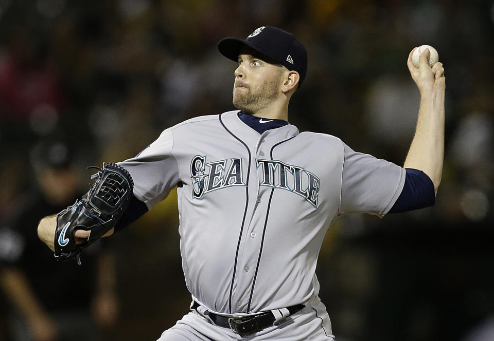 Mariners pitcher James Paxton getting ready to throw a pitch, and not practicing his birthday dance. (AP Photo)