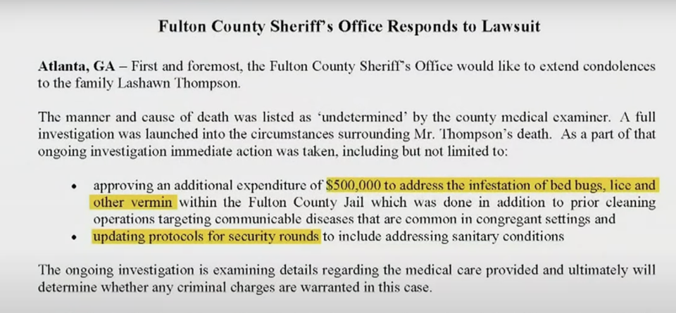 screenshot Fulton county sheriff's office response, LaSHawn Thompson death