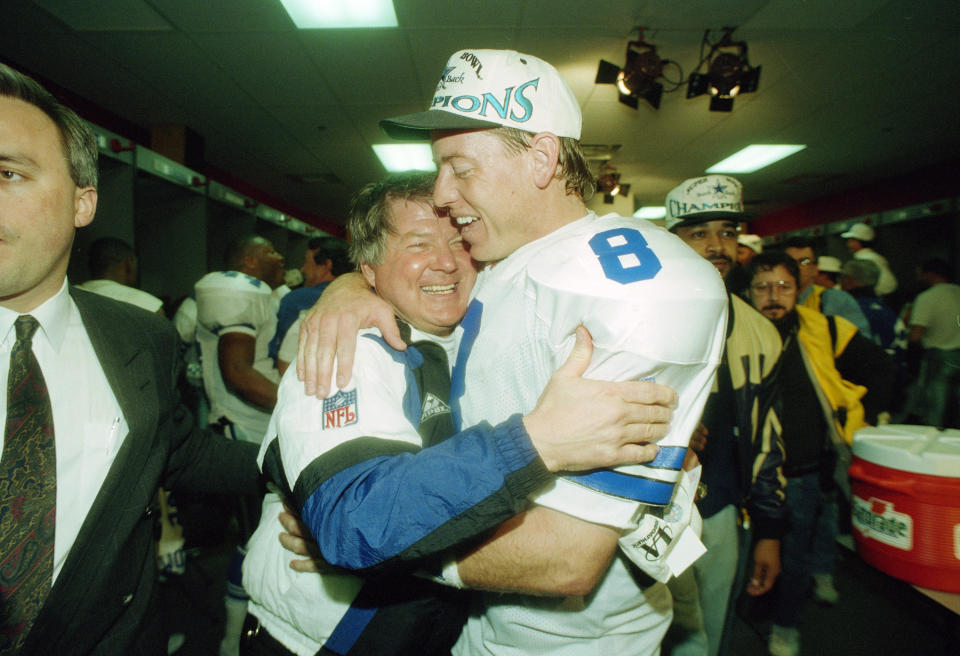 Troy Aikman won two of his three Super Bowls with head coach Jimmy Johnson. (AP)