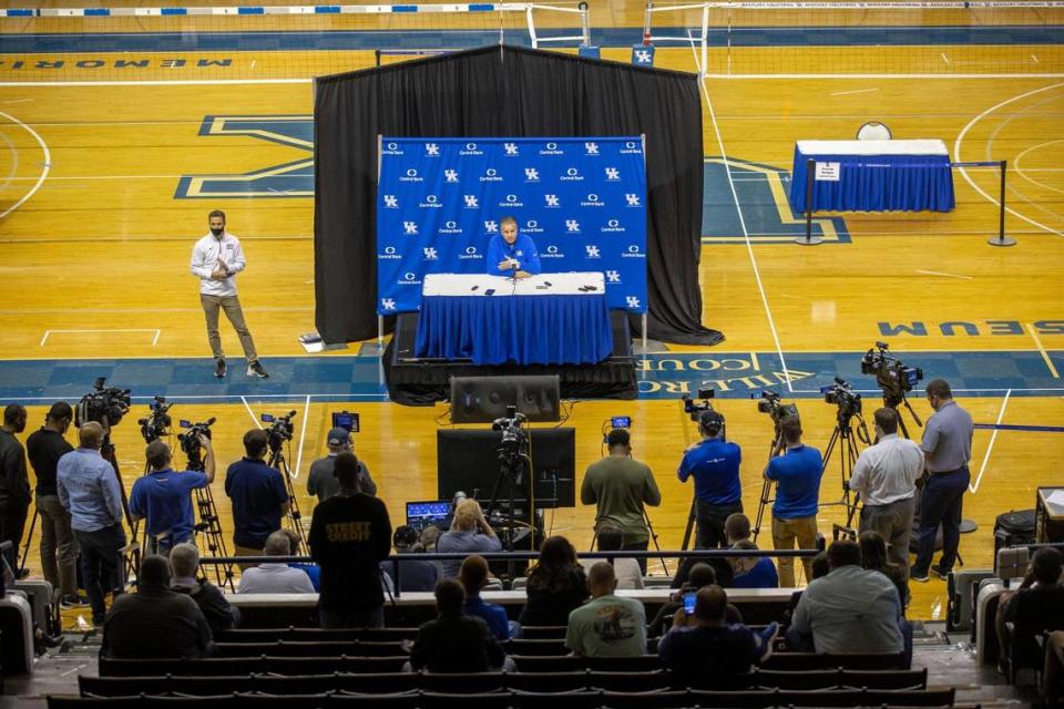 John Calipari speaks during Media Day activities on Wednesday in Memorial Coliseum. The UK coach said he likes the look of his team in preseason practices but added, “It’s a long season. We may struggle early like we always do.”