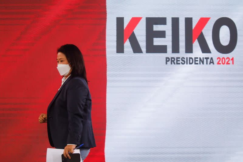 Peru's presidential candidate Keiko Fujimori addresses the media, in Lima