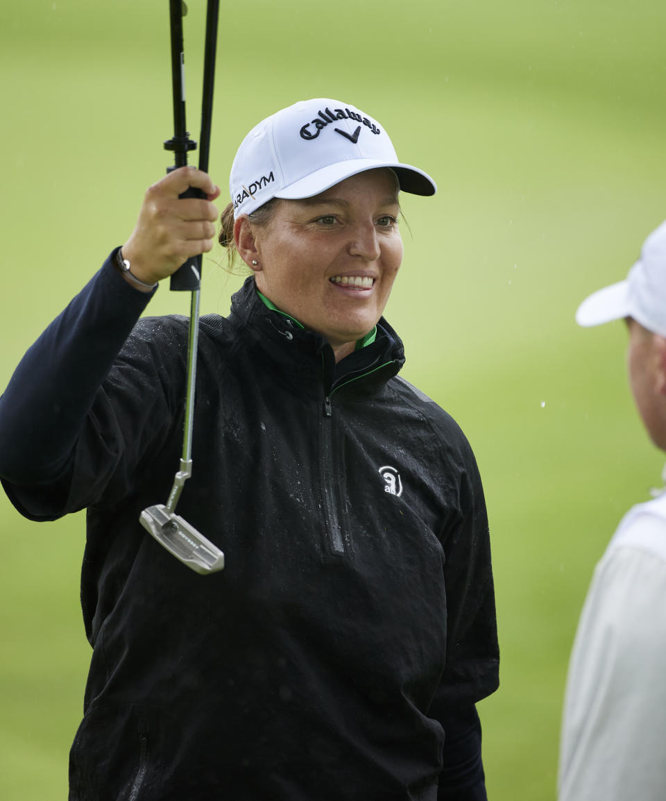 Perrine Delacour, of France, smiles while walking off the 18th hole during the first round of the LPGA Portland Classic golf tournament in Portland, Ore., Thursday, Aug. 31, 2023. (AP Photo/Craig Mitchelldyer)