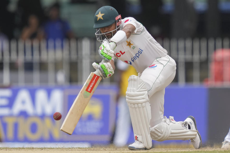 Pakistan's Babar Azam plays a shot during the second day of the second cricket test match between Sri Lanka and Pakistan in Colombo, Sri Lanka on Tuesday, Jul. 25. (AP Photo/Eranga Jayawardena)