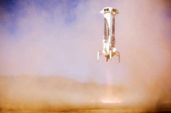 Blue Origin's New Shepard rocket approaches landing at the company's West Texas landing pad on Jan. 22, 2016 during a launch and landing test flight. It was the second flight for this New Shepard booster.