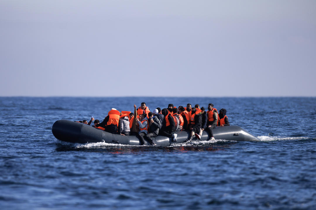 ENGLISH CHANNEL - MARCH 06: An inflatable dinghy carrying migrants crosses the English Channel on March 06, 2024 in the English Channel.  According to official figures 401 migrants arrived in the UK by small boat on Monday, the busiest day of the year so far for Channel crossings. This brings the provisional total number of UK arrivals so far this year to 2,983. Government data indicates this is more than the 2,953 logged this time last year and surpasses the running totals documented between January 1 and March 4 each year since current records began in 2018. (Photo by Dan Kitwood/Getty Images)