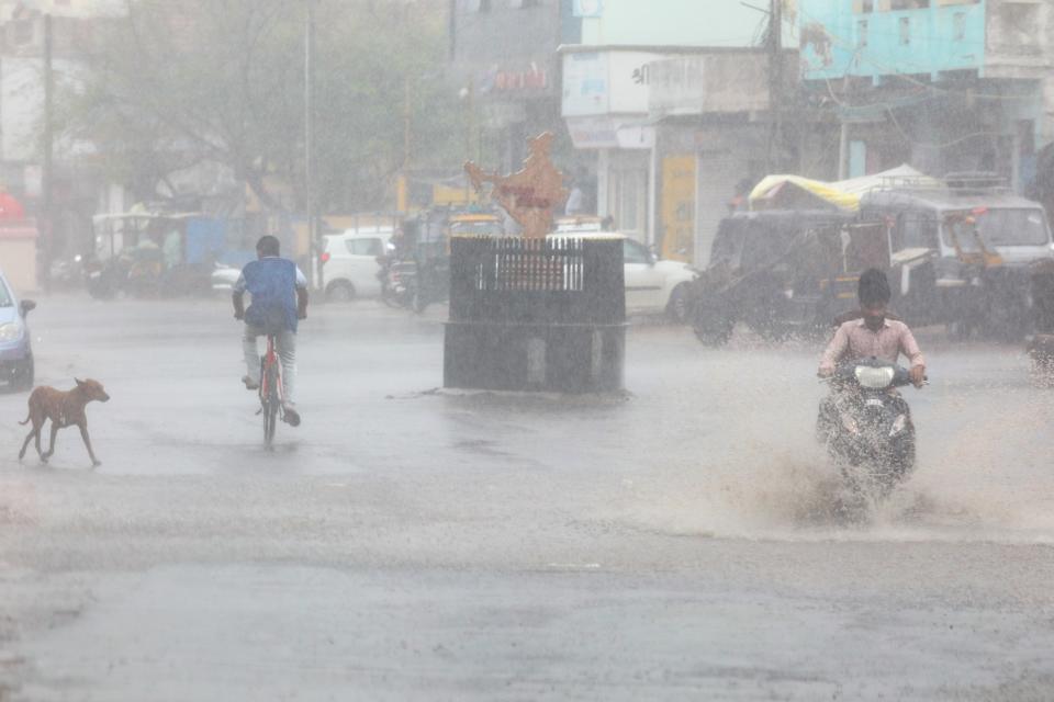 People and a dog move on a street during heavy rain in Mandvi, in the Kutch district of the western state of Gujarat (EPA)