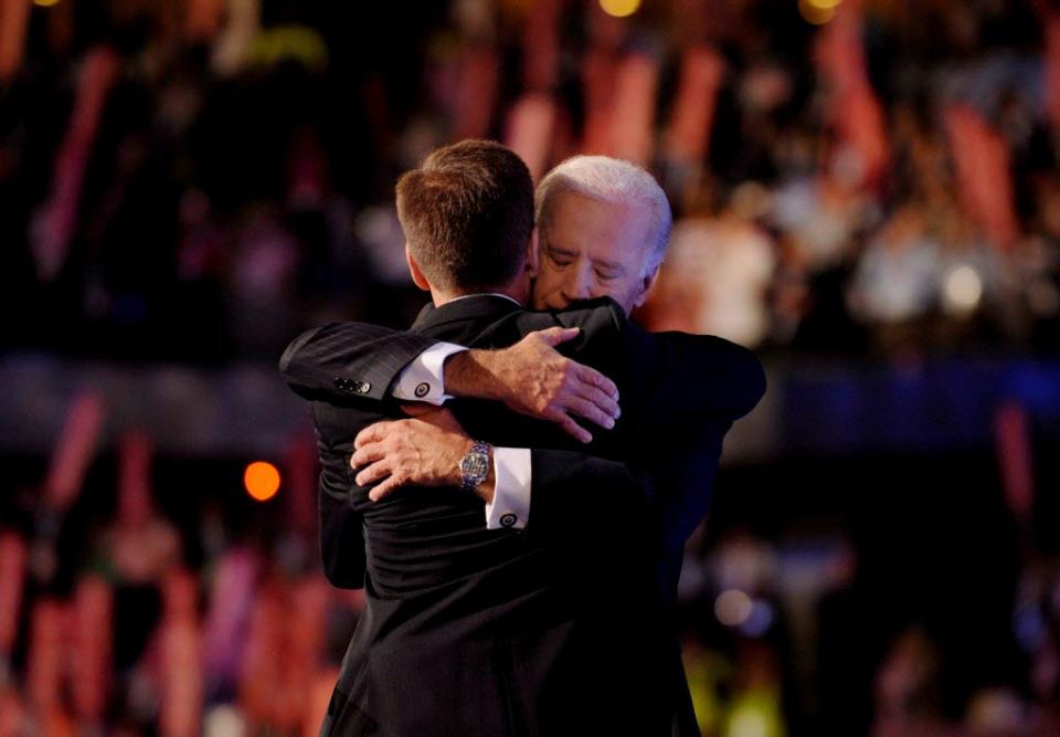 Vice presidential candidate Joe Biden hugs his son Beau Biden on stage at the Democratic National Convention in Denver Aug. 27, 2008.