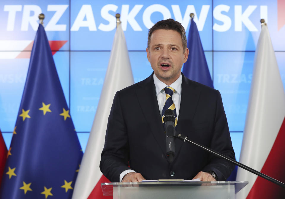 Warsaw Mayor Rafal Trzaskowski concedes defeat in Poland's tight presidential election runoff and congratulates President Andrzej Duda for winning a second term, in Warsaw, Poland, Monday, July 13, 2020.(AP Photo/Czarek Sokolowski)