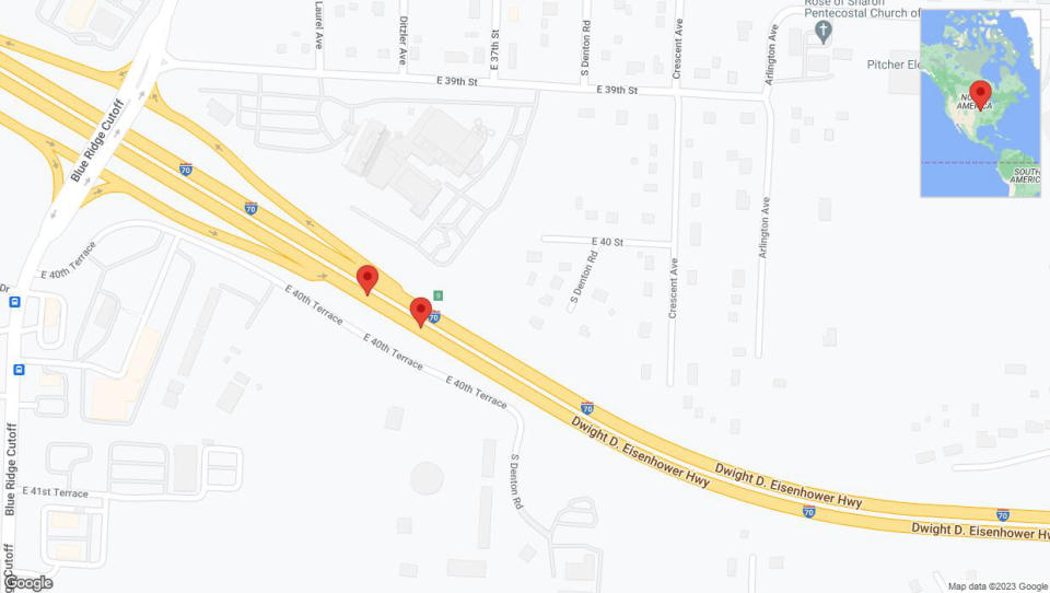 A detailed map that shows the affected road due to 'Broken down vehicle on eastbound I-70 in Kansas City' on October 16th at 4:50 p.m.