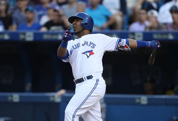 TORONTO, CANADA - AUGUST 8: Edwin Encarnacion #10 of the Toronto Blue Jays hits a solo home run in the first inning during MLB game action against the Tampa Bay Rays on August 8, 2016 at Rogers Centre in Toronto, Ontario, Canada. (Photo by Tom Szczerbowski/Getty Images)