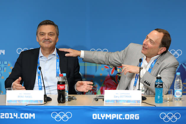 SOCHI, RUSSIA – FEBRUARY 18: (L-R) International Ice Hockey Federation President Rene Fasel and National Hockey League Commissioner Gary Bettman speak during a press conference on day eleven of the Sochi 2014 Winter Olympics on February 18, 2014 in Sochi, Russia. (Photo by Bruce Bennett/Getty Images)