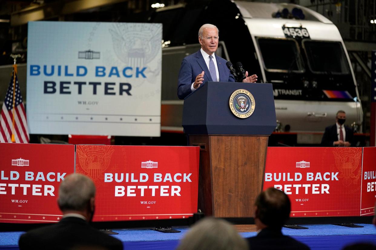 President Joe Biden delivers remarks at NJ Transit Meadowlands Maintenance Complex to promote his "Build Back Better" agenda, Monday, Oct. 25, 2021, in Kearny, N.J.