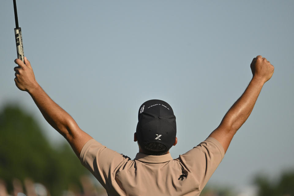 Xander Schauffele celebrates after winning the PGA Championship golf tournament at Valhalla Golf Club, Sunday, May 19, 2024, in Louisville, Ky.  (AP Photo/Jon Cherry)