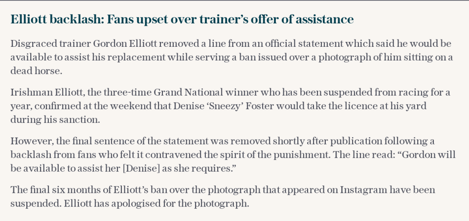 Elliott backlash: Fans upset over trainer’s offer of assistance