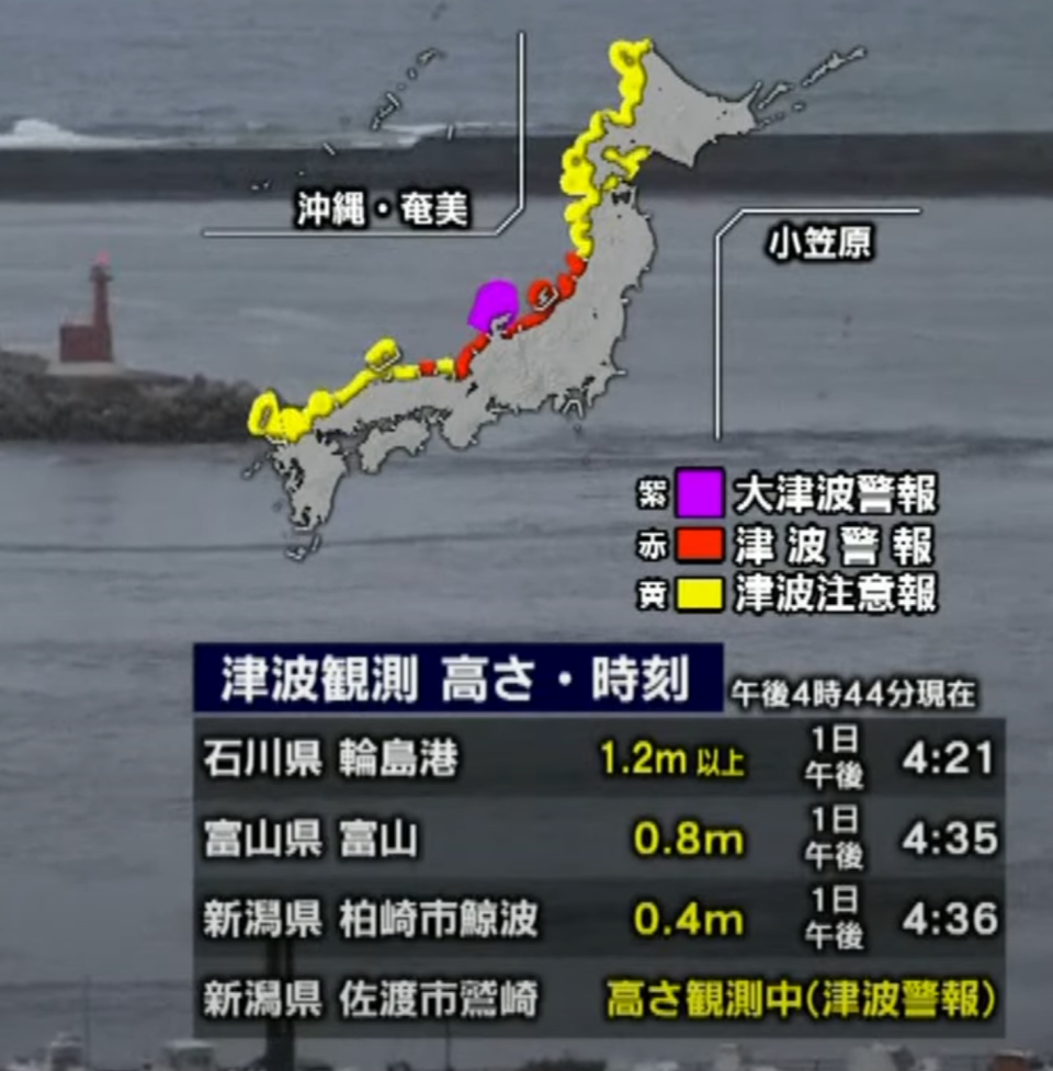 日本已觀測到1.2公尺到0.4公尺海嘯到岸。翻攝日本電視YouTube