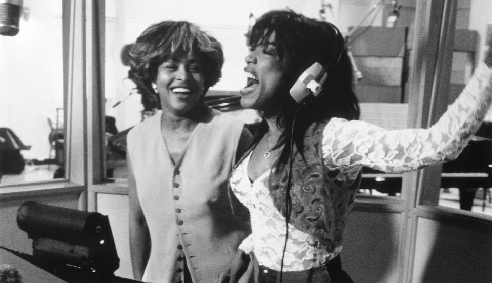 WHAT’S LOVE GOT TO DO WITH IT, from left: Tina Turner, Angela Bassett on the recording studio set, rehearse a song performance, 1993. ph: D Stevens / © Buena Vista Pictures / courtesy Everett Collection