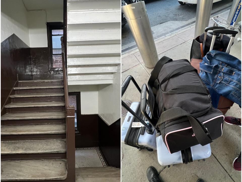 Split photo of Pauline Villegas' apartment stairs and the suitcases she had to carry up.