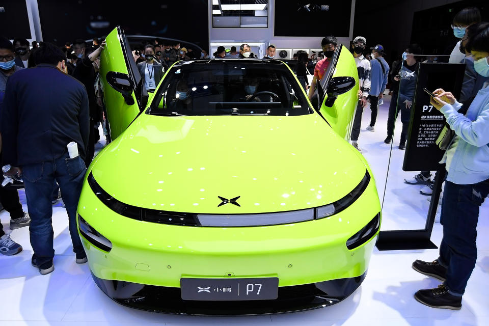 SHANGHAI, CHINA - APRIL 21:  A XPeng Motor P7 electric vehicle is on displayed during the 19th Shanghai International Automobile Industry Exhibition, also known as Auto Shanghai 2021, at National Exhibition and Convention Center (Shanghai) on April 21, 2021 in Shanghai, China.  (Photo by Zhe Ji/Getty Images)
