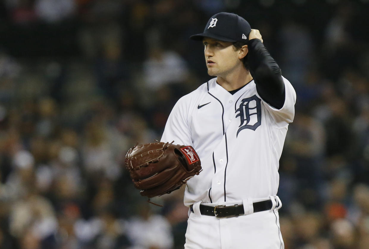 DETROIT, MI -  SEPTEMBER 24:  Pitcher Casey Mize #12 of the Detroit Tigers during the third inning of a game against the Kansas City Royals at Comerica Park on September 24, 2021, in Detroit, Michigan. (Photo by Duane Burleson/Getty Images)