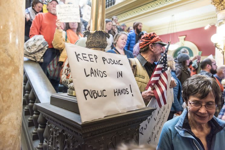 People gather at the state capitol in Helena, Mont., for a rally in support of federal public lands. (Photo: William Campbell/Corbis via Getty Images)