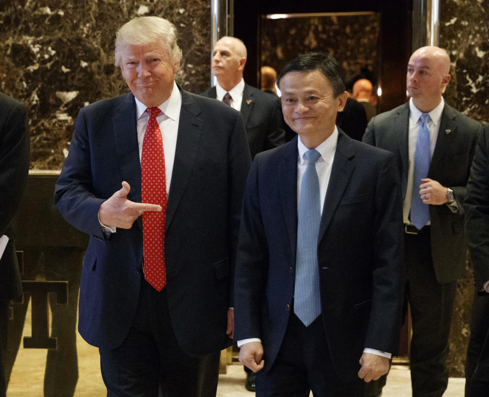 In Jan. 2017 photo, Alibaba Executive Chairman Jack Ma promised to then President-elect Donald Trump that he would create 1 million jobs in the U.S. Will this deliver? (AP Photo/Evan Vucci)