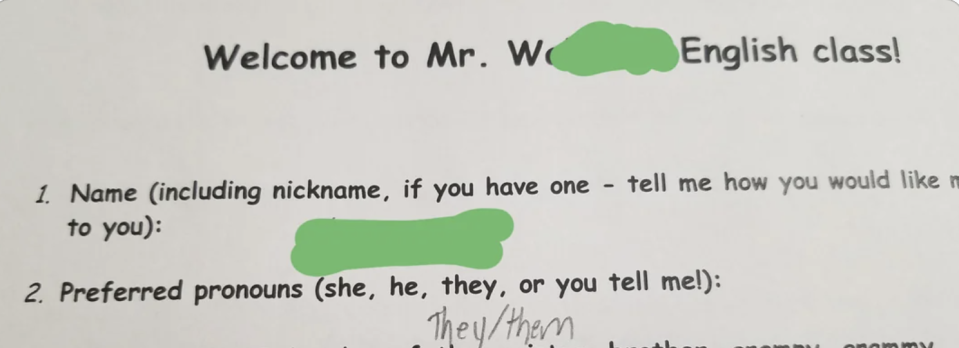 The image shows a classroom welcome sheet with a section for a student to fill in their name and preferred pronouns