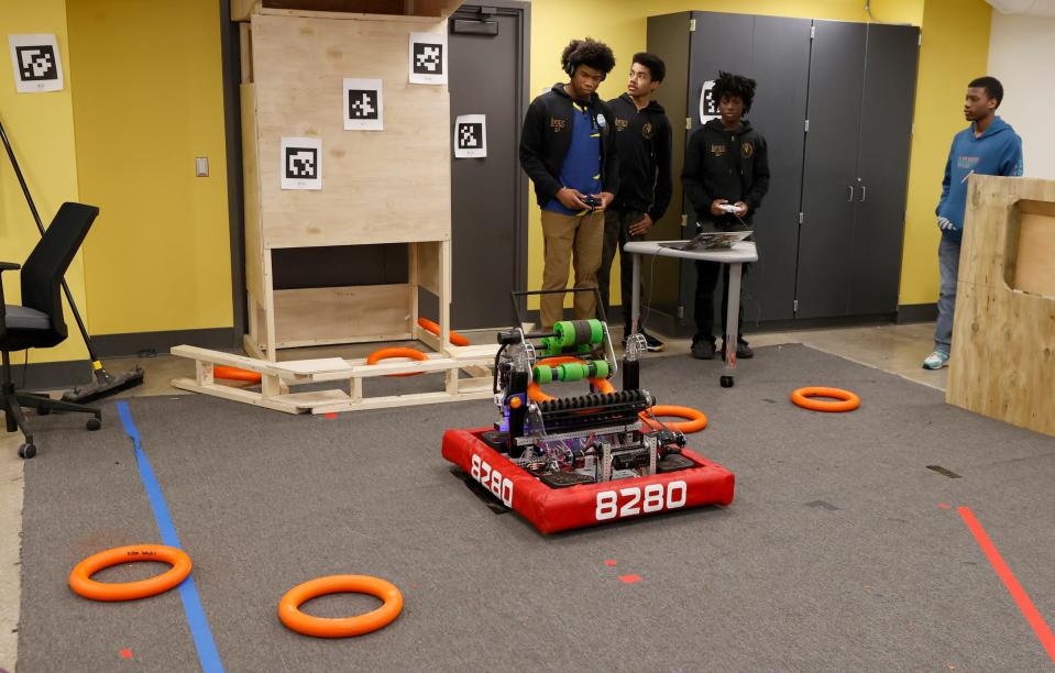 FIRST Robotics students at Marygrove High School in Detroit test out their robot on Wednesday, March 27, 2024.