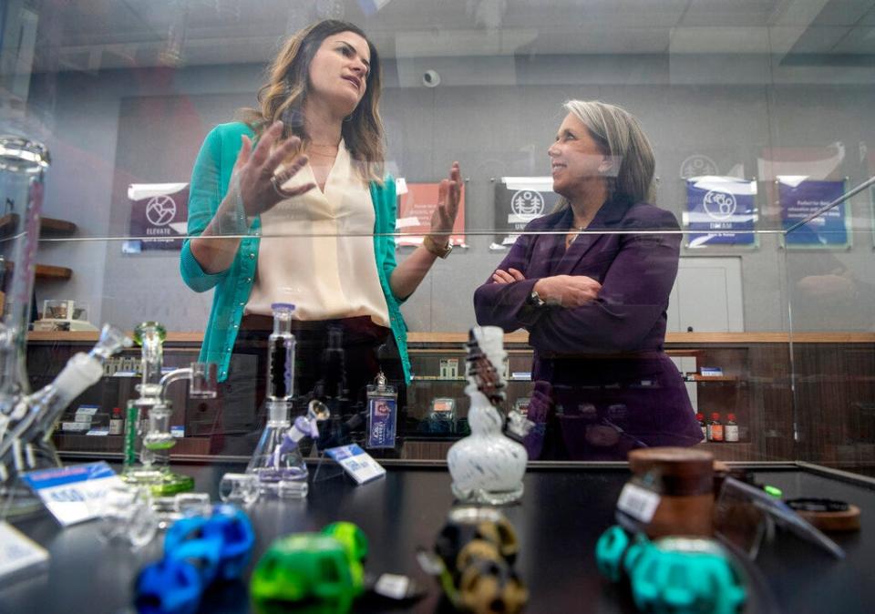 Gov. Michelle Lujan Grisham, right, takes a tour of the Everest Cannabis Co.-Uptown with CEO Trishelle Kirk on the first day of recreational cannabis sales, Friday April 1, 2022, Albuquerque.