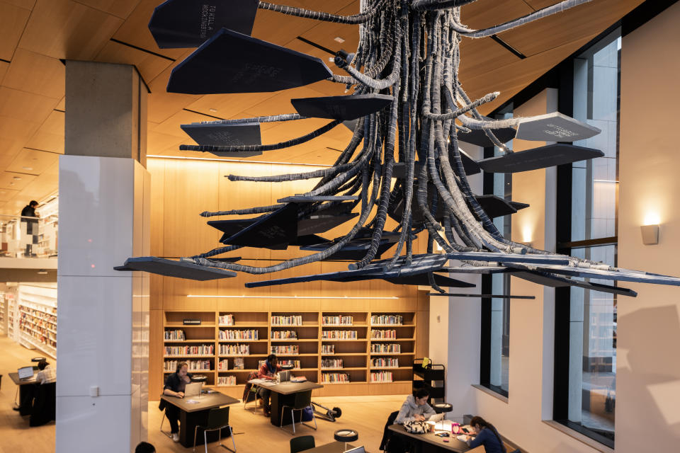 Shin’s <em>Something Borrowed, Something Blue </em>sculpture was permanently installed at a new Brooklyn Heights branch of the Brooklyn Public Library in February.<br>