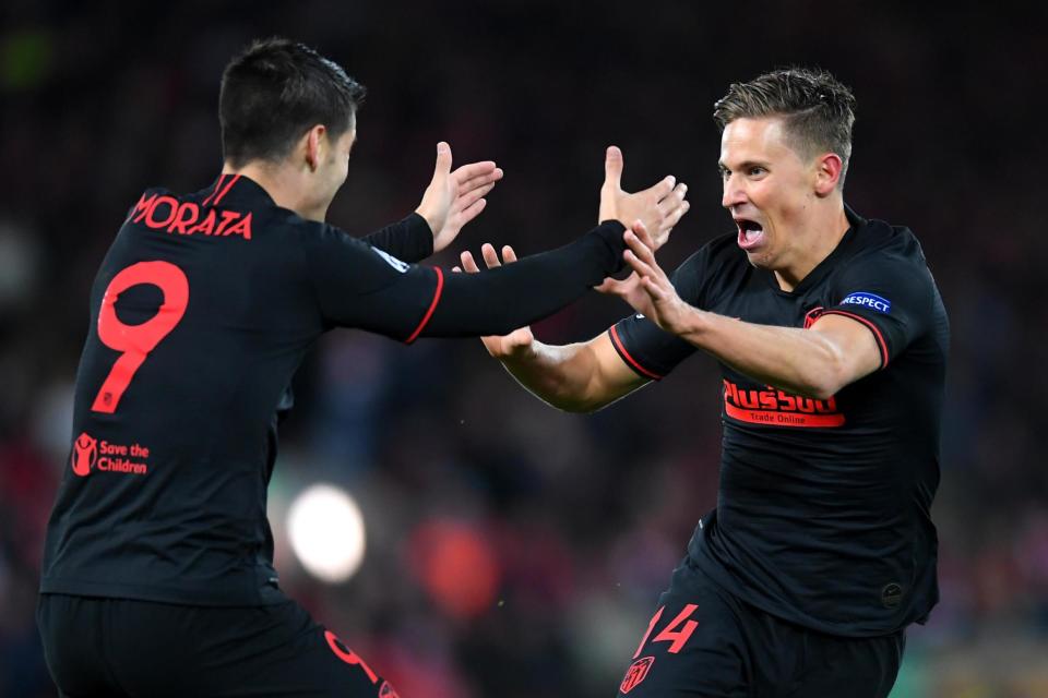 Marcos Llorente scored twice and assisted Alvaro Morata during Atletico's win over Liverpool at Anfield (Getty Images)