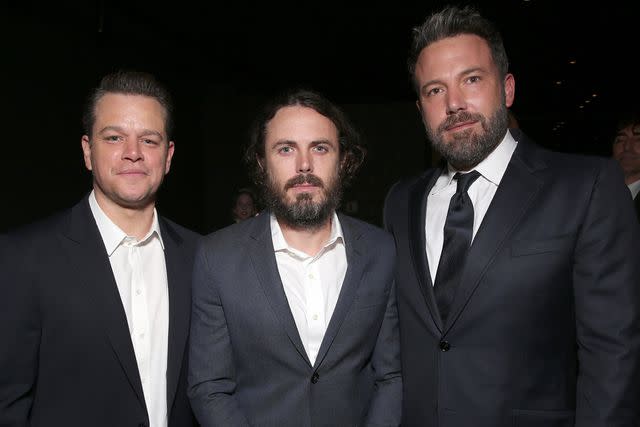 <p>Todd Williamson/Getty</p> Matt Damon, Casey Affleck and Ben Affleck at the "Manchester by The Sea" Los Angeles premiere on November 14, 2016 in Beverly Hills, California.