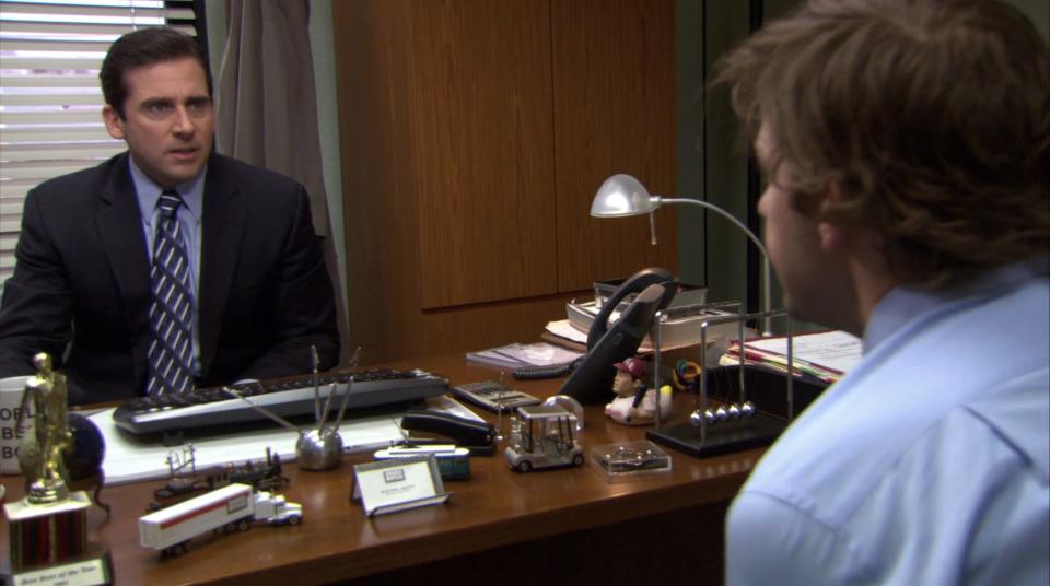 Steve Carrell as Michael Scott and John Krasinski as Jim Halpert on season four of "The Office."