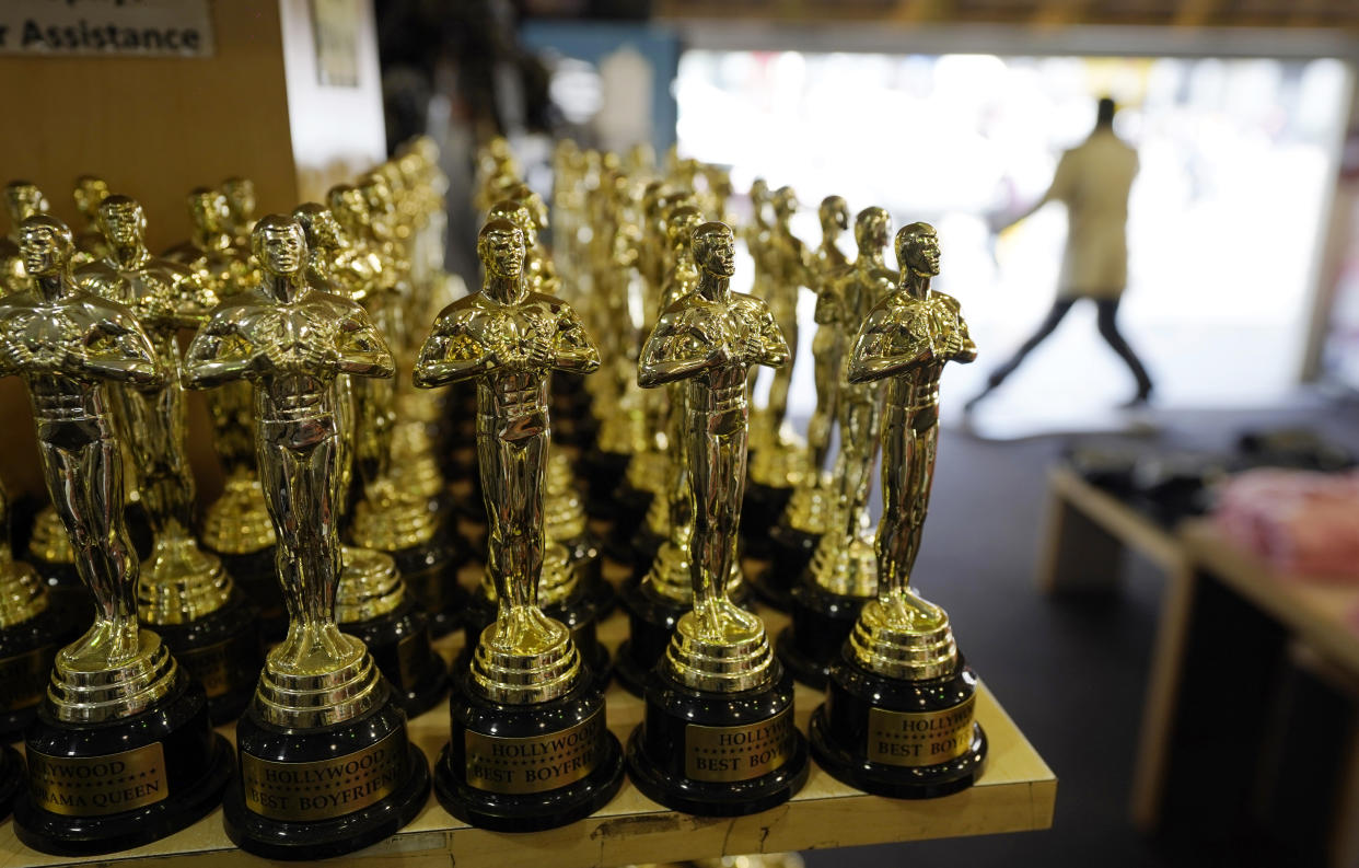 Souvenir Oscars inside a souvenir shop in Los Angeles. The 93rd Academy Awards will be held at various locations including the Dolby Theatre in Hollywood on 25 April 2021. (AP Photo/Chris Pizzello)