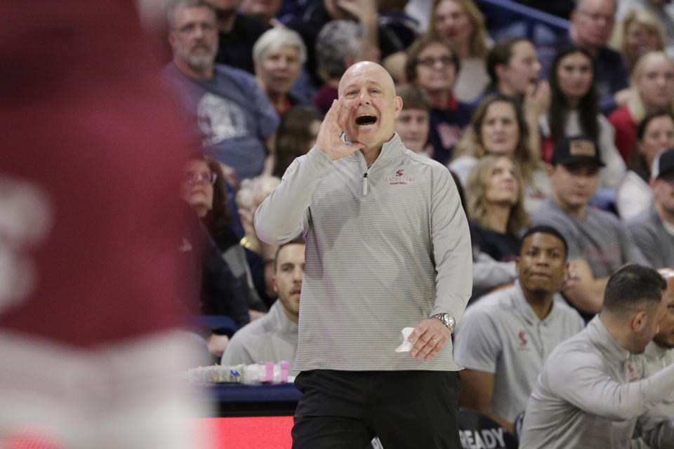 Santa Clara head coach Herb Sendek directs his team during the first half of an NCAA college basketball game against Gonzaga, Thursday, Feb. 2, 2023, in Spokane, Wash. (AP Photo/Young Kwak)