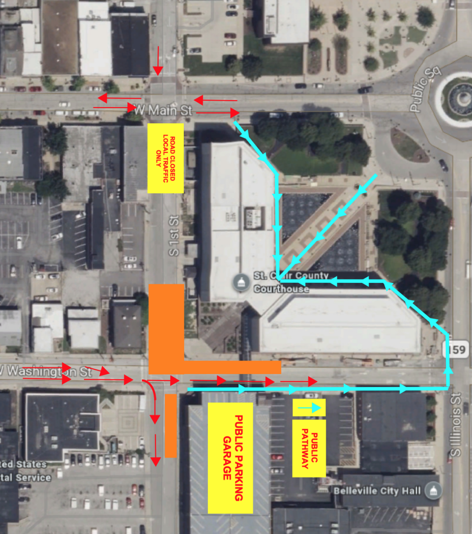 This satellite image of the St. Clair County Courthouse in downtown Belleville shows the planned road closure on South First Street as part of a construction project. Orange areas depict construction activities. The blue line shows the path visitors will be directed to travel during shutdowns of the tunnel between the South First Street public parking garage and courthouse.