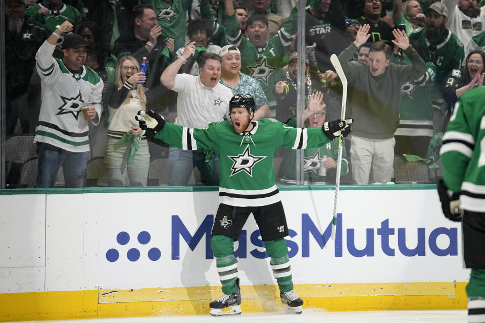 Dallas Stars center Joe Pavelski celebrates after scoring against the Seattle Kraken in the first period of Game 1 of an NHL hockey Stanley Cup second-round playoff series, Tuesday, May 2, 2023, in Dallas. (AP Photo/Tony Gutierrez)