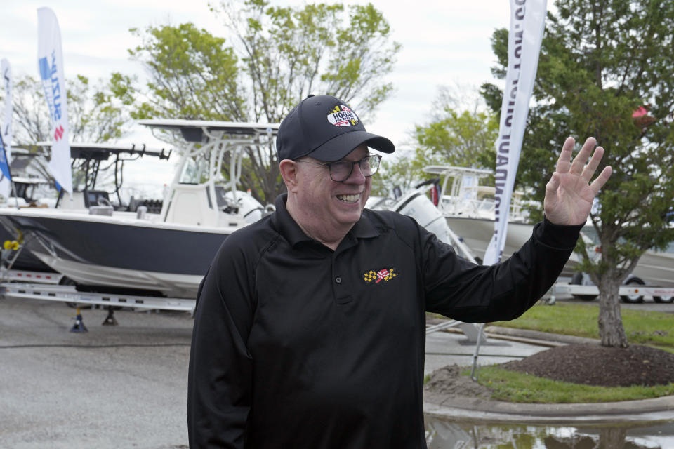 Former Maryland Gov. Larry Hogan visits the Bridge Boat Show in Stevensville, Md., Friday, April 12, 2024, as he campaigns for the U.S. Senate. (AP Photo/Susan Walsh)