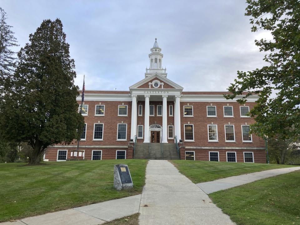 A building at Vermont State University's Castleton Campus in Castleton, Vt., is shown Tuesday, Oct. 10, 2023. Police were searching for a suspect who shot and killed a retired dean on a nearby rail trail last week. (AP Photo/Lisa Rathke)