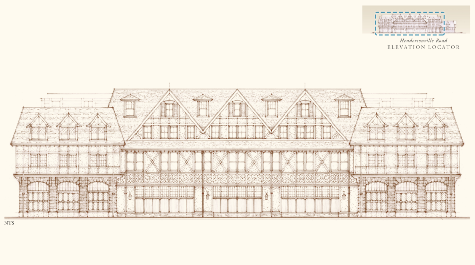 A proposed elevation design of The Kessler as viewed from Hendersonville Road.