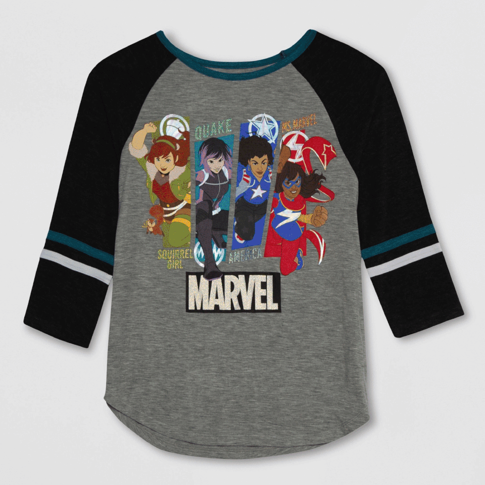 Apparel includes a graphic hoodie-jogger pants combo, a Squirrel Girl hoodie, 3/4-sleeve tops, and a Ms. Marvel short-sleeve dress. (Photos: Disney Consumer Products)