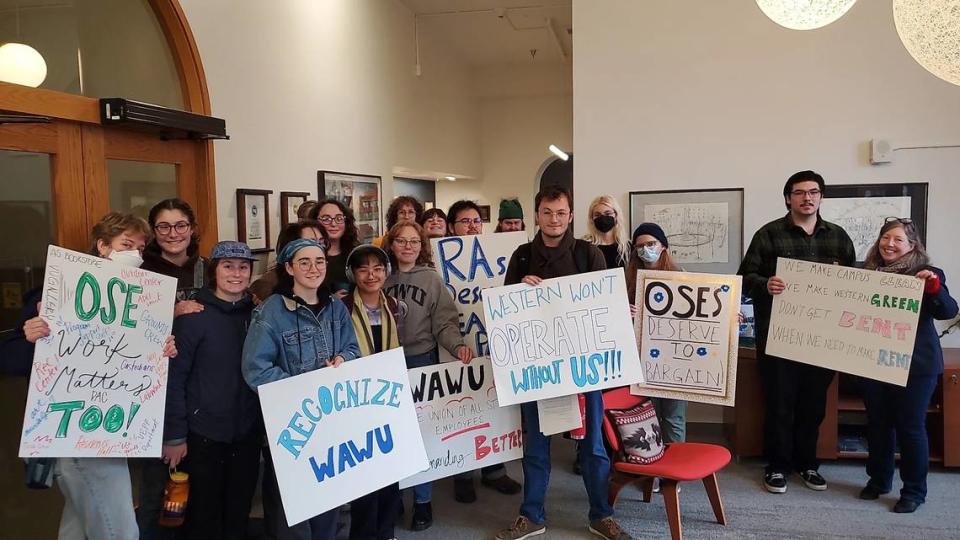 Operation Student Employees marched to the Office of the President on Wednesday, Dec. 13, 2023, to request recognition for their union in Bellingham, Wash.