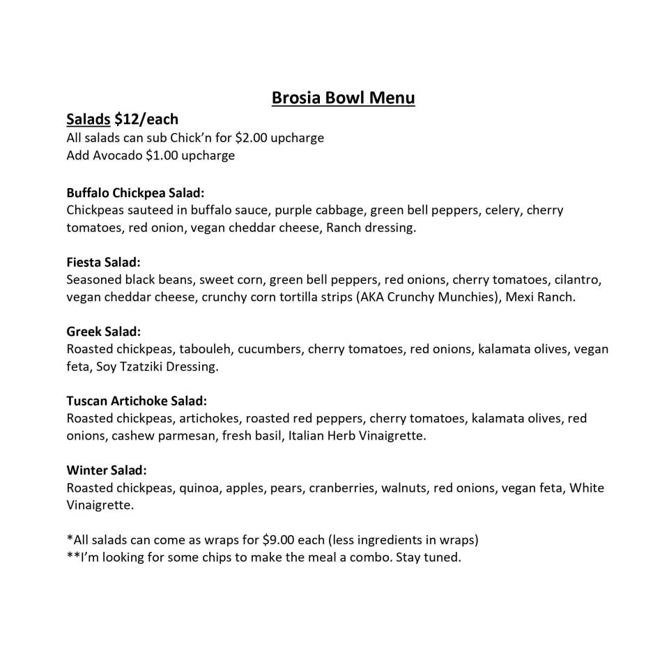 Rough draft of the salad menu at 'Brosia Bowl, a plant-based restaurant opening Friday in downtown Sioux Falls.