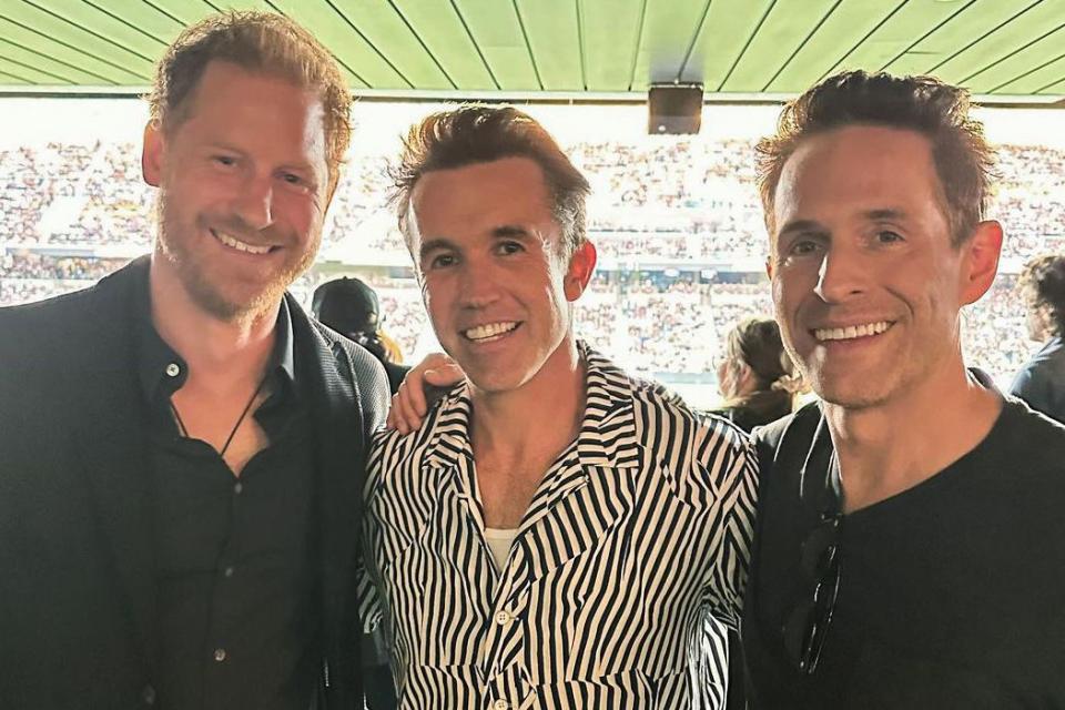 <p>Glenn Howerton/ Instagram</p> Prince Harry (left) poses with 