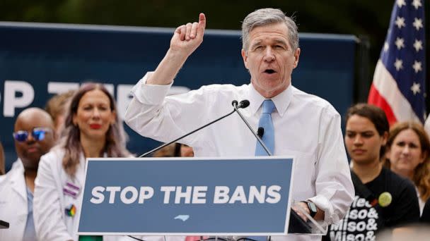 PHOTO: North Carolina Governor Roy Cooper speaks to abortion rights supporters shortly before vetoing the SB20 legislation limiting most abortions to the first trimester of pregnancy, May 13, 2023, in Raleigh, N.C. (Jonathan Drake/Reuters, File)