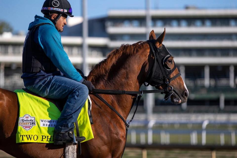 Kentucky Derby contender Two Phil’s stand on the track at Churchill Downs in Louisville, Ky., on Wednesday, May 3, 2023.