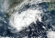 This Tuesday, Nov. 24, 2020, satellite image released by NASA Worldview, Earth Observing System Data and Information System (EOSDIS) shows severe cyclonic storm Nivar. India’s southern state of Tamil Nadu is bracing for Cyclone Nivar that is expected to make landfall on Wednesday. The state authorities have issued an alert and asked people living in low-lying and flood-prone areas to move to safer places. (NASA via AP)