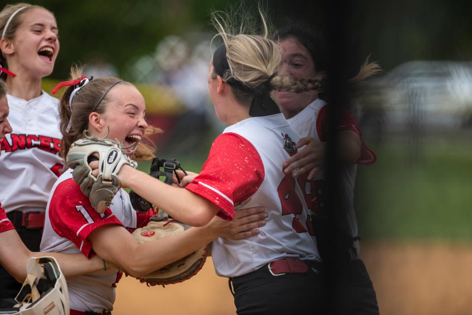 Passaic Valley vs. Lakeland in the Passaic County softball tournament final at Independence Park in Riverdale on Saturday, May 14, 2022. Lakeland celebrates defeating Passaic Valley. 