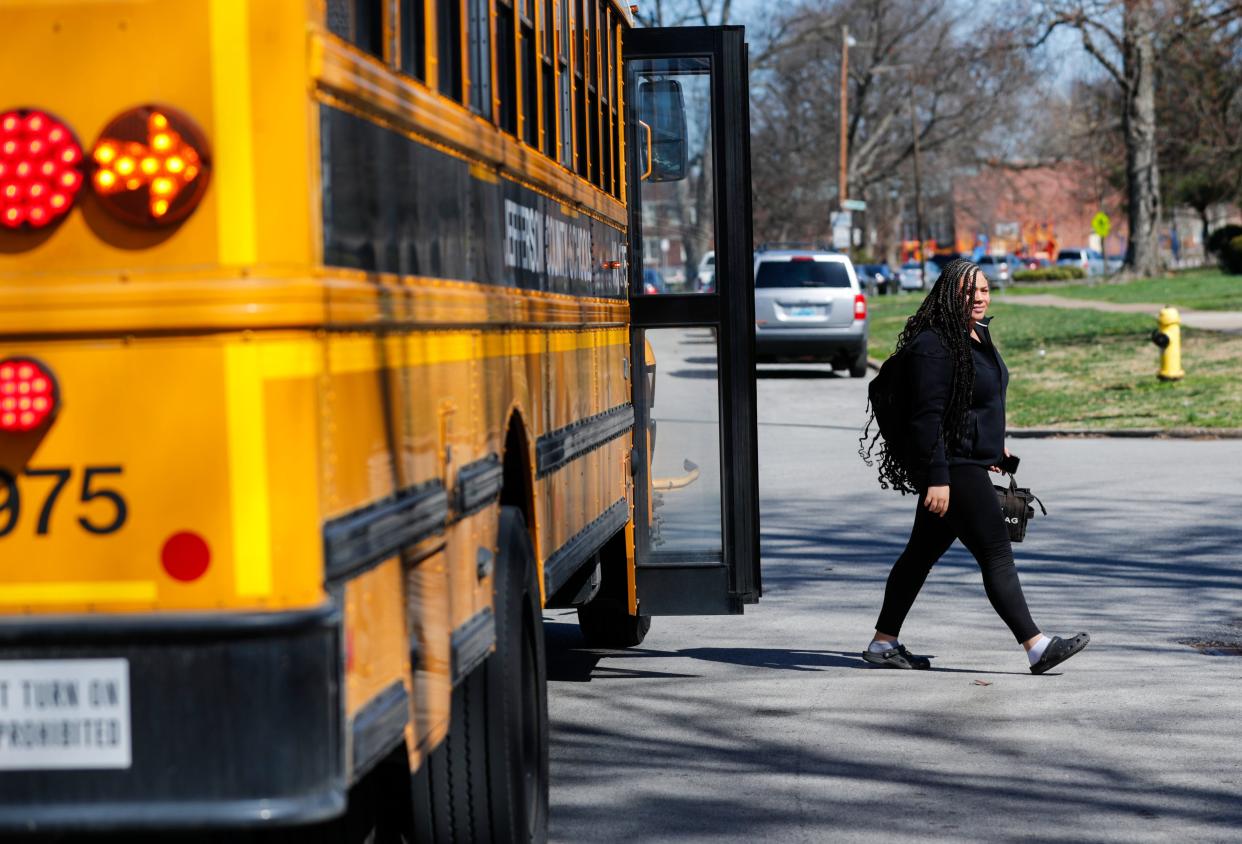 Ava Williams gets off the bus after a day at Central High Magnet School recently. The sophomore won't be able to attend the school if JCPS stops providing transportation for magnet students. March 10, 2024